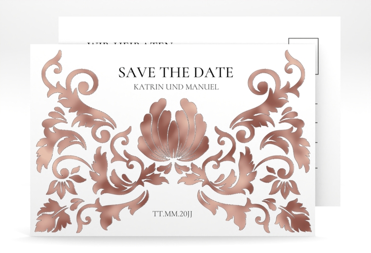 Save the Date-Postkarte Royal A6 Postkarte weiss rosegold mit barockem Blumen-Ornament