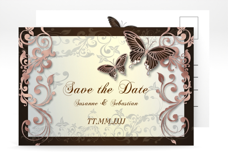 Save the Date-Postkarte Toulouse A6 Postkarte braun rosegold mit Schmetterlingen und Schnörkeln