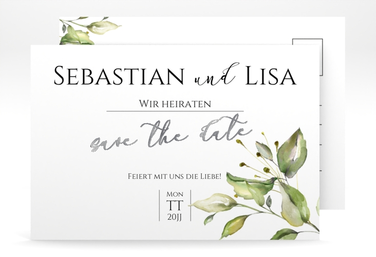 Save the Date-Postkarte Leaves A6 Postkarte weiss silber