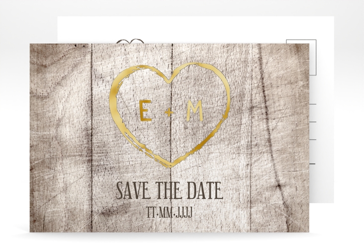 Save the Date-Postkarte Wood A6 Postkarte weiss gold