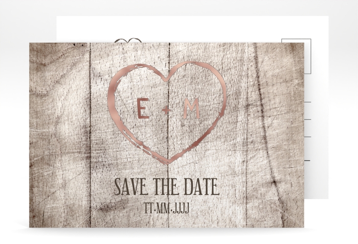 Save the Date-Postkarte Wood A6 Postkarte weiss rosegold