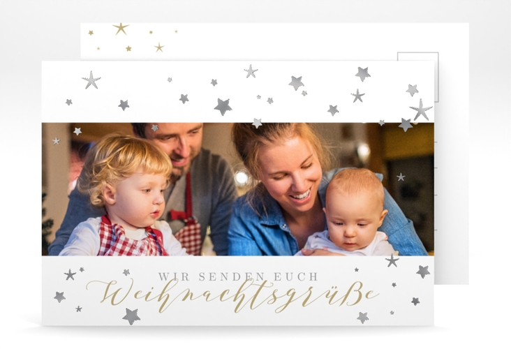 Weihnachtskarte Sternennacht A6 Postkarte weiss silber für Weihnachtsgrüße mit Familienfoto