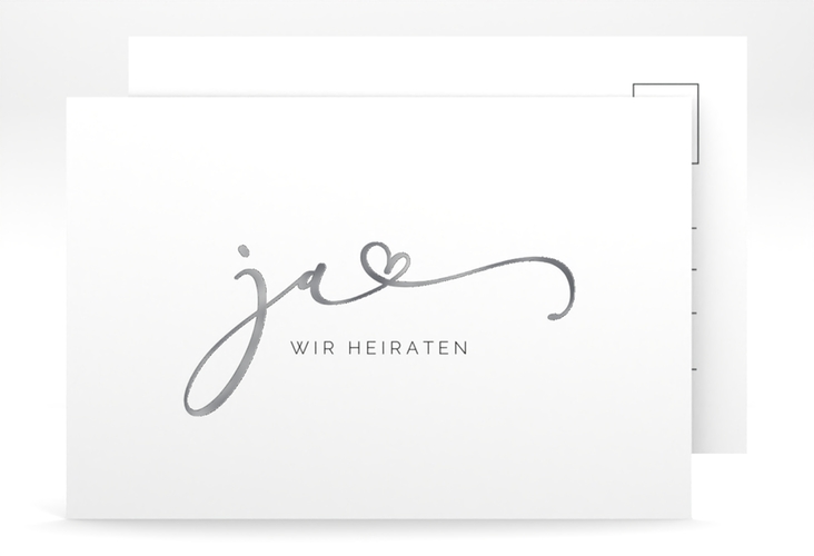 Save the Date-Postkarte Jawort A6 Postkarte weiss silber modern minimalistisch mit veredelter Aufschrift