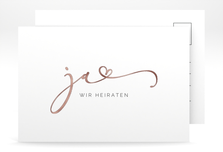 Save the Date-Postkarte Jawort A6 Postkarte weiss rosegold modern minimalistisch mit veredelter Aufschrift