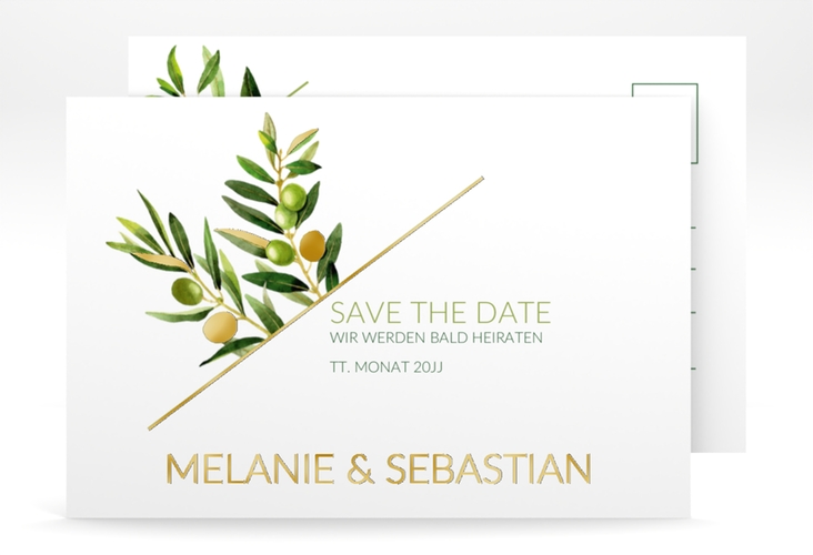 Save the Date-Postkarte Olivenzweig A6 Postkarte weiss gold