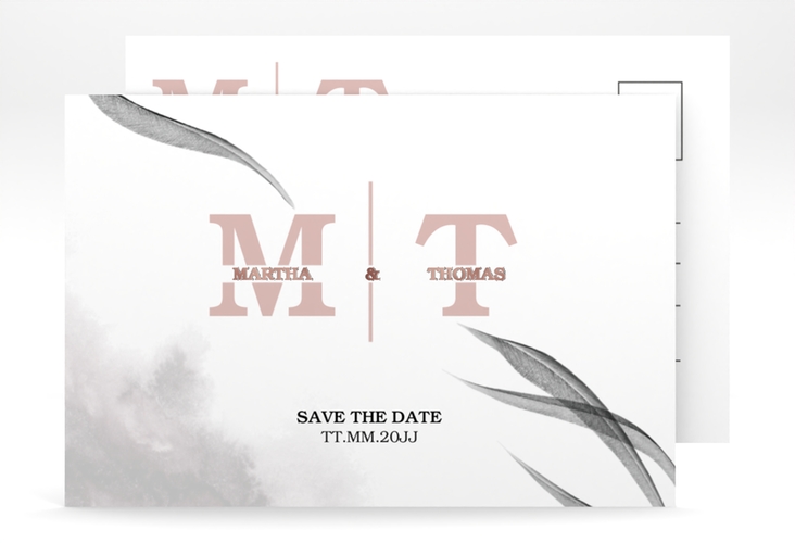 Save the Date-Postkarte Initialen A6 Postkarte weiss rosegold