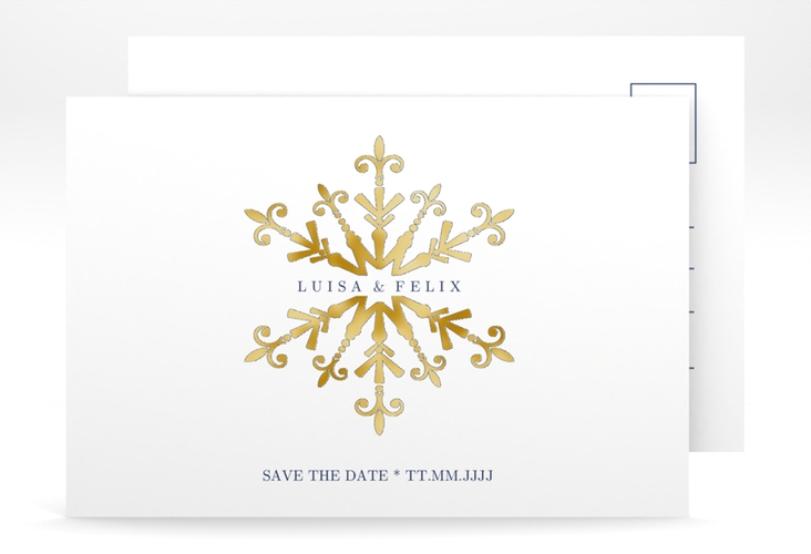 Save the Date-Postkarte Crystal A6 Postkarte weiss gold mit Eiskristall