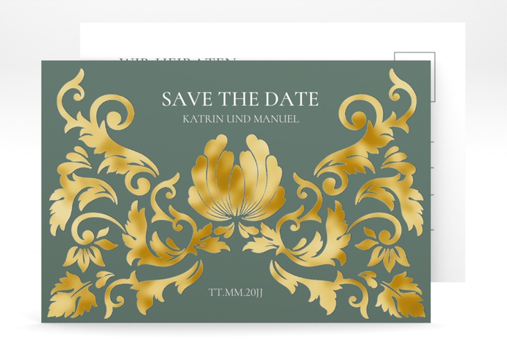 Save the Date-Postkarte Royal A6 Postkarte gruen gold mit barockem Blumen-Ornament