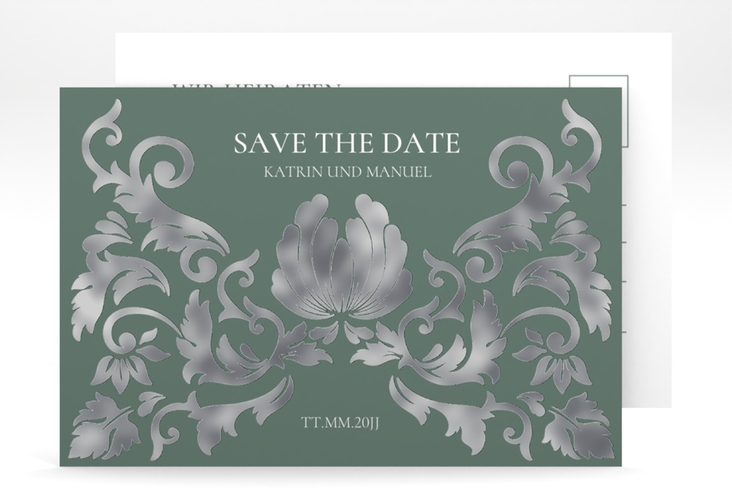 Save the Date-Postkarte Royal A6 Postkarte gruen silber mit barockem Blumen-Ornament