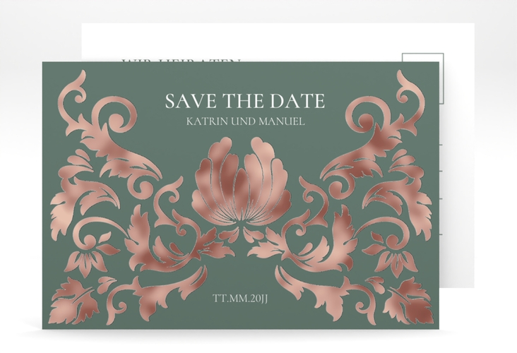 Save the Date-Postkarte Royal A6 Postkarte gruen rosegold mit barockem Blumen-Ornament