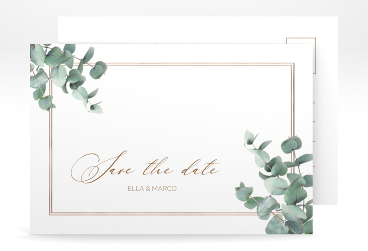 Save the Date-Postkarte Eucalypt A6 Postkarte weiss rosegold mit Eukalyptus und edlem Rahmen