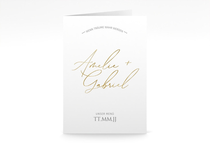 Menükarte Hochzeit Federschrift A5 Klappkarte hoch weiss gold in schlichtem Design mit Kalligrafie