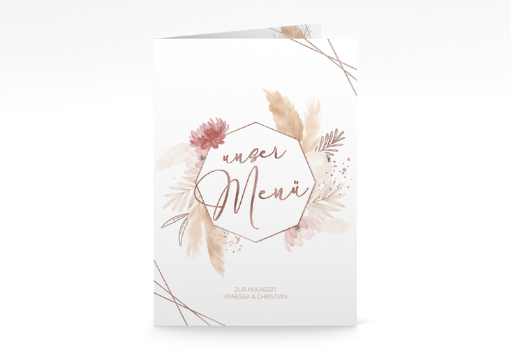 Menükarte Hochzeit Bohostyle A5 Klappkarte hoch beige rosegold mit Pampasgras in Aquarell