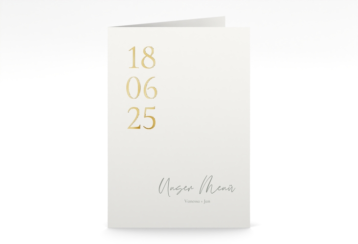 Menükarte Hochzeit Day A5 Klappkarte hoch weiss gold mit Datum im minimalistischen Design