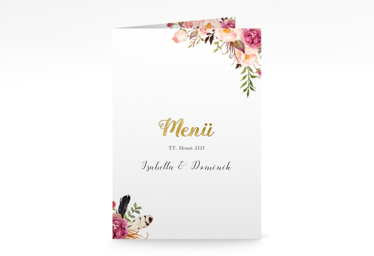 Menükarte Hochzeit Flowers A5 Klappkarte hoch weiss gold mit bunten Aquarell-Blumen