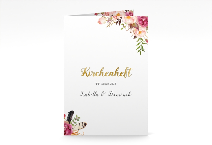 Kirchenheft Hochzeit Flowers A5 Klappkarte hoch weiss gold mit bunten Aquarell-Blumen