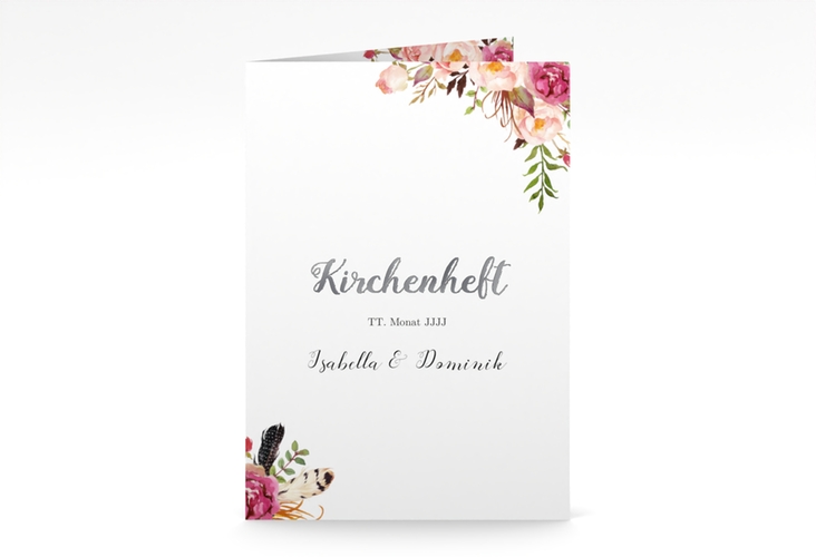 Kirchenheft Hochzeit Flowers A5 Klappkarte hoch weiss silber mit bunten Aquarell-Blumen