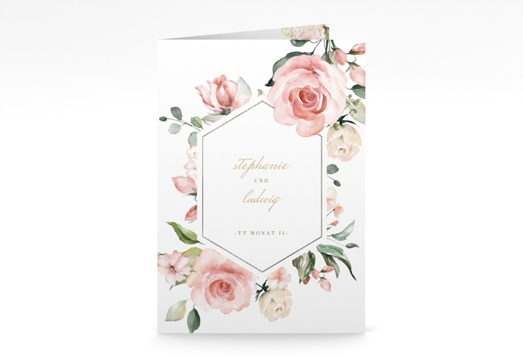 Kirchenheft Hochzeit Graceful A5 Klappkarte hoch weiss silber mit Rosenblüten in Rosa und Weiß