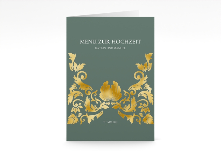 Menükarte Hochzeit Royal A5 Klappkarte hoch gruen gold mit barockem Blumen-Ornament