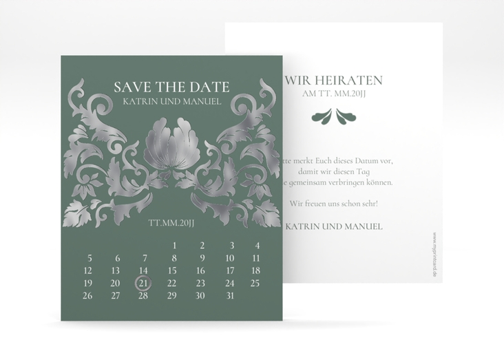 Save the Date-Kalenderblatt Royal Kalenderblatt-Karte gruen silber mit barockem Blumen-Ornament