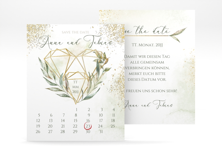 Save the Date-Kalenderblatt Heartfelt Kalenderblatt-Karte weiss gold mit Diamanten im Geometric Design