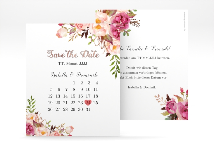 Save the Date-Kalenderblatt Flowers Kalenderblatt-Karte weiss rosegold mit bunten Aquarell-Blumen