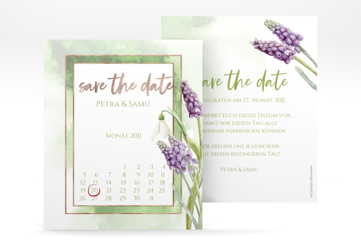 Save the Date-Kalenderblatt Frühling Kalenderblatt-Karte gruen rosegold mit Frühlingsblumen in Aquarell