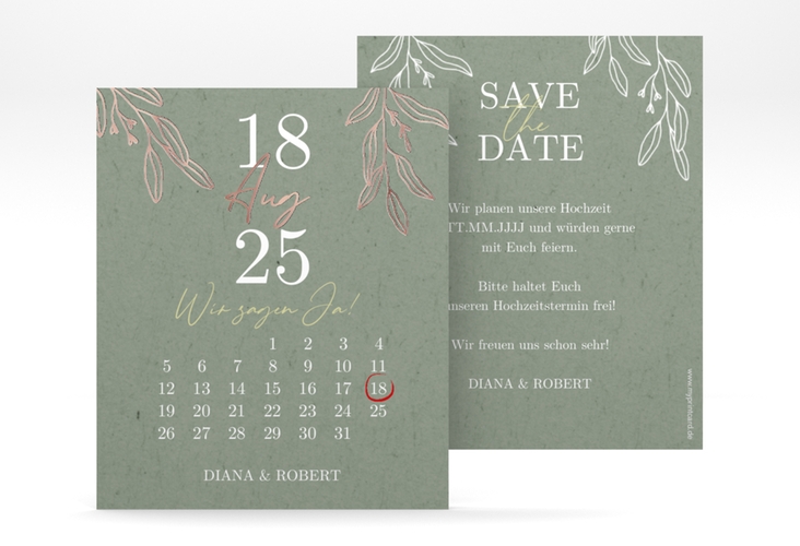 Save the Date-Kalenderblatt Greendate Kalenderblatt-Karte gruen rosegold im Greenery-Design mit Holz, Eukalyptus und Immergrün