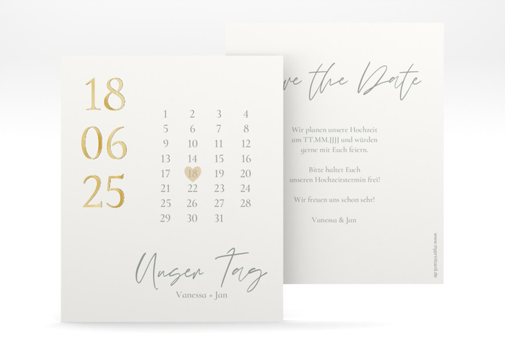 Save the Date-Kalenderblatt Day Kalenderblatt-Karte weiss gold mit Datum im minimalistischen Design