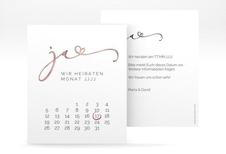 Save the Date-Kalenderblatt Jawort Kalenderblatt-Karte weiss rosegold modern minimalistisch mit veredelter Aufschrift