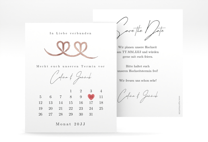 Save the Date-Kalenderblatt Doppelherz Schleife Kalenderblatt-Karte gruen rosegold mit Folie