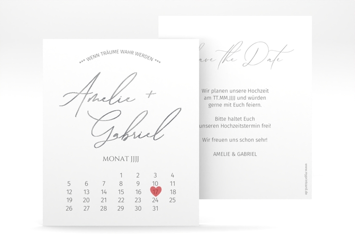 Save the Date-Kalenderblatt Federschrift Kalenderblatt-Karte weiss silber in schlichtem Design mit Kalligrafie