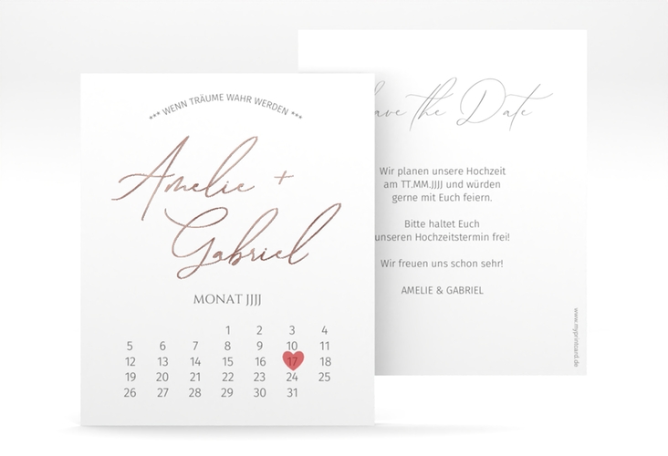 Save the Date-Kalenderblatt Federschrift Kalenderblatt-Karte weiss rosegold in schlichtem Design mit Kalligrafie