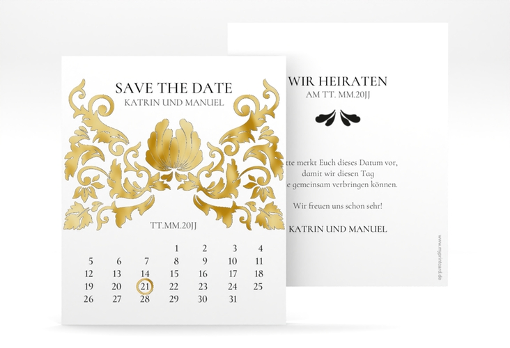 Save the Date-Kalenderblatt Royal Kalenderblatt-Karte weiss gold mit barockem Blumen-Ornament