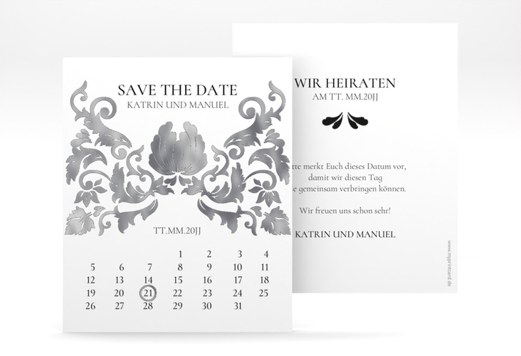 Save the Date-Kalenderblatt Royal Kalenderblatt-Karte weiss silber mit barockem Blumen-Ornament