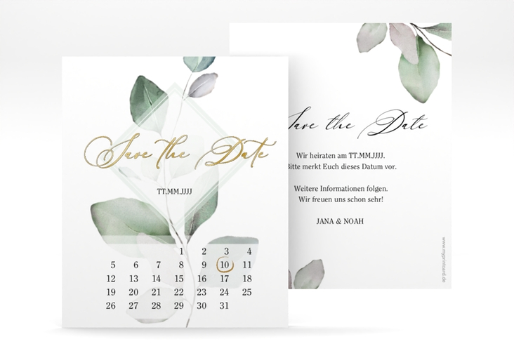 Save the Date-Kalenderblatt Foglia Kalenderblatt-Karte weiss gold edel mit Eukalyptus im Aquarell-Design