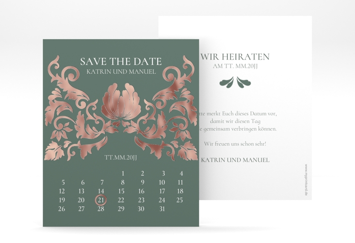 Save the Date-Kalenderblatt Royal Kalenderblatt-Karte gruen rosegold mit barockem Blumen-Ornament