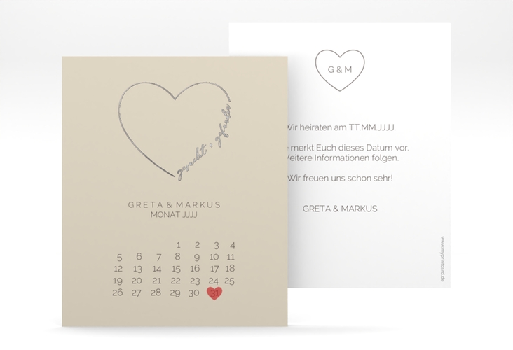 Save the Date-Kalenderblatt Lebenstraum Kalenderblatt-Karte beige silber