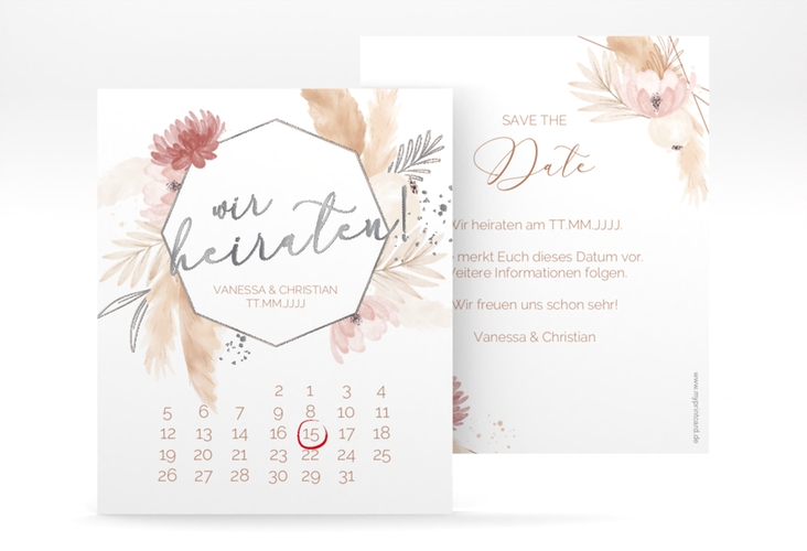 Save the Date-Kalenderblatt Bohostyle Kalenderblatt-Karte beige silber mit Pampasgras in Aquarell