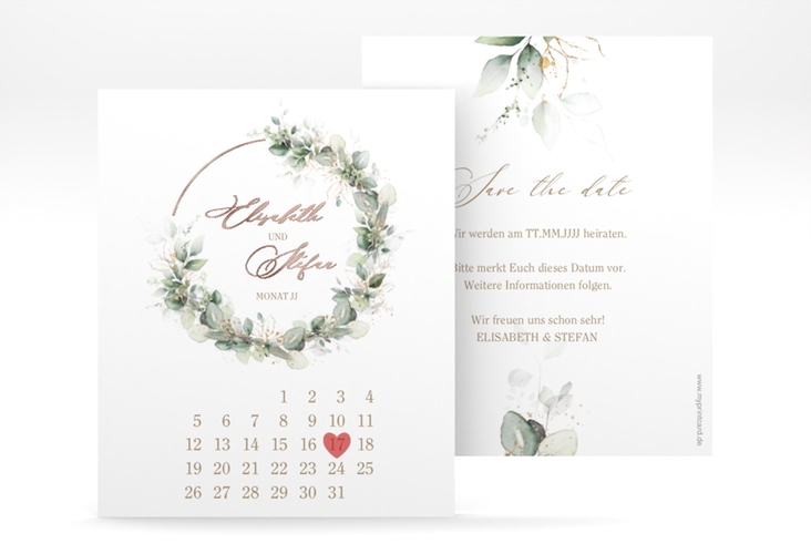 Save the Date-Kalenderblatt Selvatica Kalenderblatt-Karte weiss rosegold mit Eukalyptus-Kranz