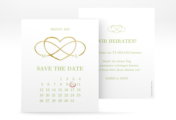 Save the Date-Kalenderblatt Infinity Kalenderblatt-Karte gruen gold