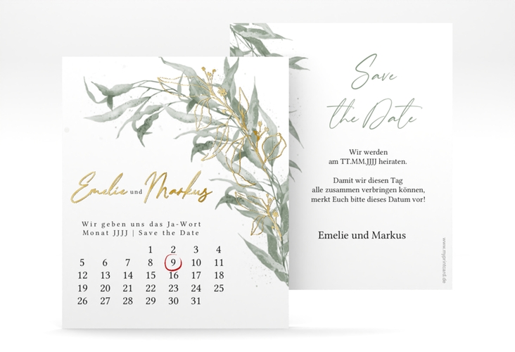 Save the Date-Kalenderblatt Eucalyptus Green Kalenderblatt-Karte weiss gold