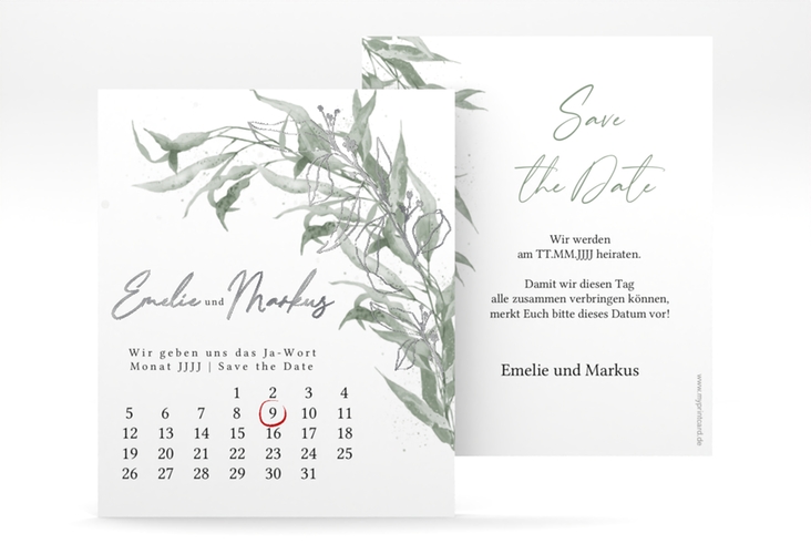 Save the Date-Kalenderblatt Eucalyptus Green Kalenderblatt-Karte weiss silber