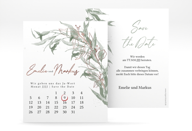 Save the Date-Kalenderblatt Eucalyptus Green Kalenderblatt-Karte weiss rosegold