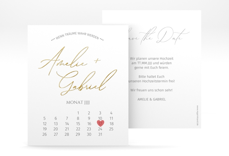 Save the Date-Kalenderblatt Federschrift Kalenderblatt-Karte weiss gold in schlichtem Design mit Kalligrafie