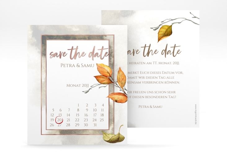 Save the Date-Kalenderblatt Herbst Kalenderblatt-Karte braun rosegold mit orangefarbigem Herbstlaub in Aquarell