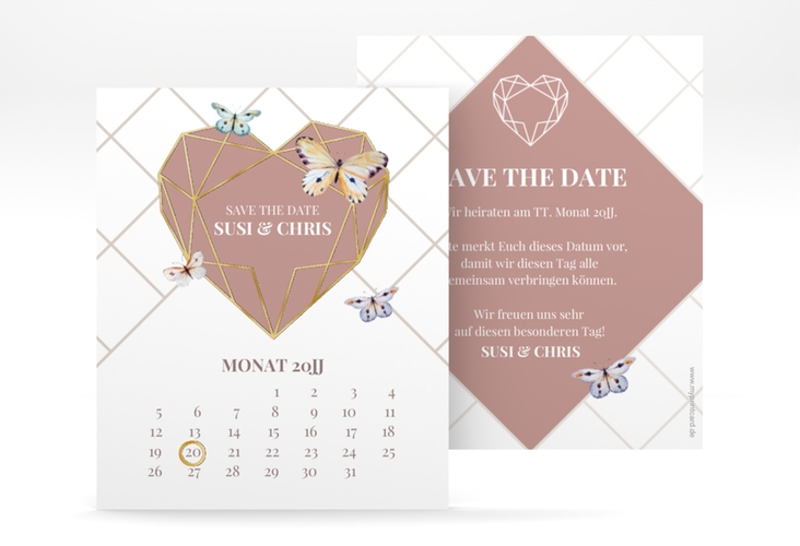 Save the Date-Kalenderblatt Butterfly Kalenderblatt-Karte weiss gold mit Schmetterlingen und Herz im Geometric Design