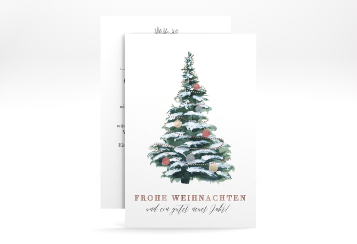 Business-Weihnachtskarte Wintertanne A6 Karte hoch gruen rosegold mit dekoriertem Tannenbaum voll Schnee