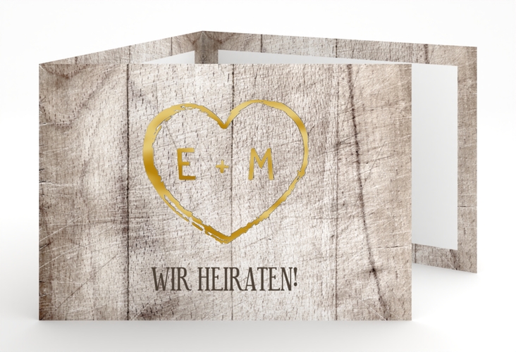 Hochzeitseinladung Wood A6 Doppel-Klappkarte weiss gold