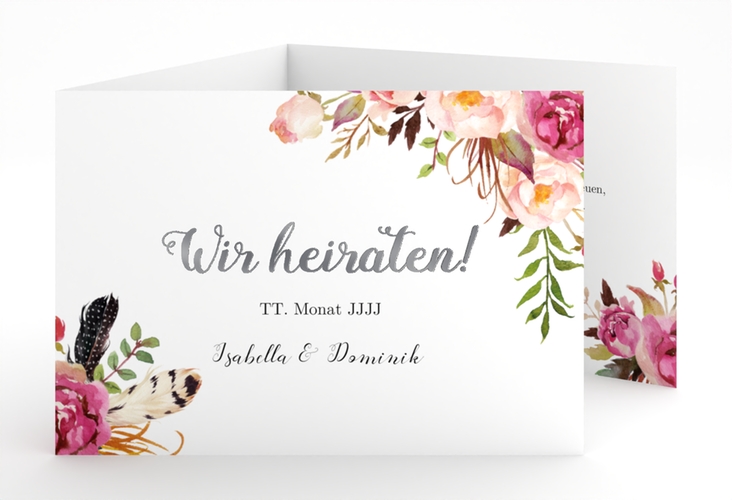 Hochzeitseinladung Flowers A6 Doppel-Klappkarte weiss silber mit bunten Aquarell-Blumen